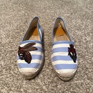 Gucci Striped Blue and White Espadrille Flats with Embroidered Motifs